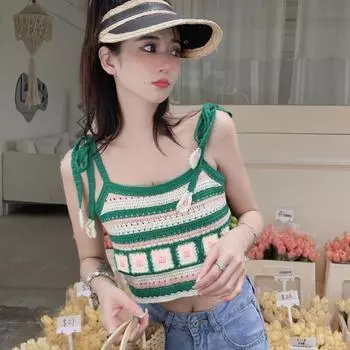 Женский вязанный крючком жилет без рукавов с завязками на плечах контрастного цвета в полоску с 3D цветочным принтом, свободный пляжный камзол, укороченный топ на бретелях 1 зелёный