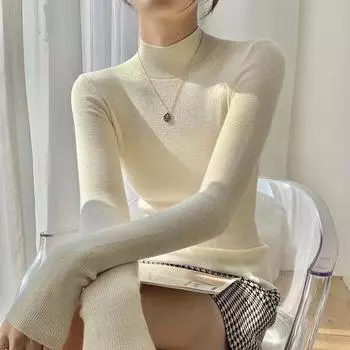 Женский вязаный джемпер осень-зима с полувысоким воротом, тонкий, с длинными рукавами, свитер, женская трикотажная нижняя рубашка S белый