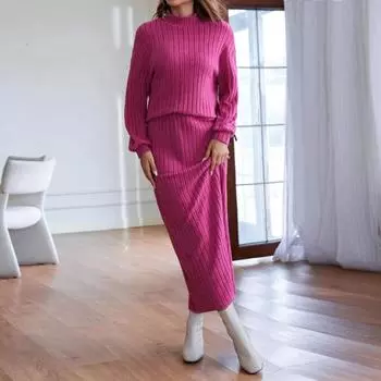 Женский вязаный джемпер с высоким воротом, топы, юбка, платье, одежда для отдыха, однотонный комплект одежды