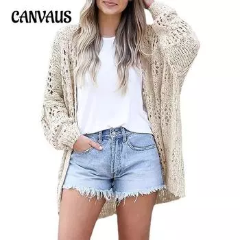 Женский вязаный кардиган, богемная вязаная куртка крючком, полый пляжный приморский отдых, сплошной цвет кардигана больших размеров