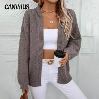 Женский вязаный кардиган больших размеров, однотонный, свободный, с капюшоном, свитер-перекрутка, осенне-зимний S кофейный