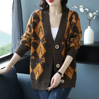 Женский вязаный кардиган большого размера, свитер, весна-осень, V-образный вырез, набивной трикотажный свитер, куртка, повседневная свободная трикотажная куртка M бордовый