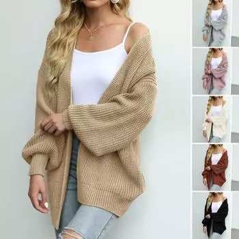 Женский вязаный кардиган-фонарик с длинным рукавом и открытой передней частью, свитер средней длины, пальто, однотонный свободный крой, верхняя одежда для вязания M легкие хаки