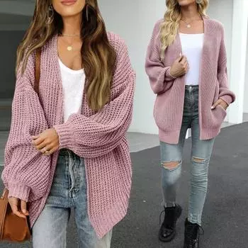 Женский вязаный кардиган-фонарик с длинным рукавом, открытая передняя часть, свитер средней длины, пальто, однотонный M легкие хаки