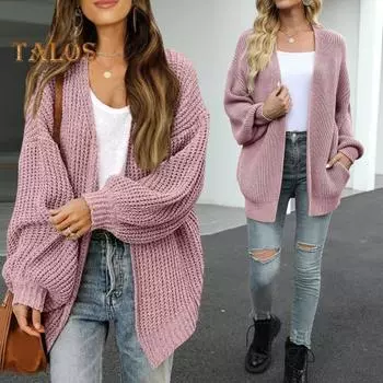 Женский вязаный кардиган-фонарик с длинным рукавом и открытой передней частью, свитер средней длины, пальто, однотонный свободный крой, верхняя одежда для вязания M чёрный