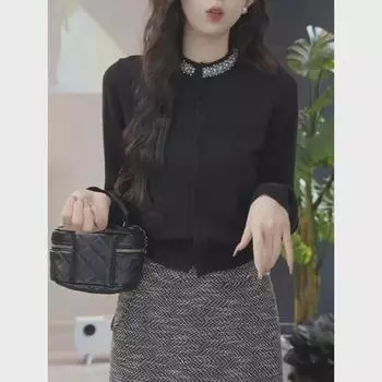 Женский вязаный кардиган Heavy Diamond Black - Осень 2024 г., свитер с длинными рукавами во французском стиле S for 70-90 jin чёрный