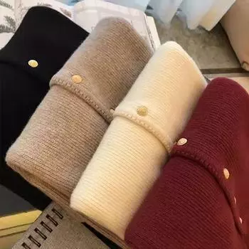 Женский вязаный кардиган из 100% чистой шерсти - красный, круглая горловина, свободный крой, утолщенный, для осени/зимы, модный свитер высокого класса. L бежевый