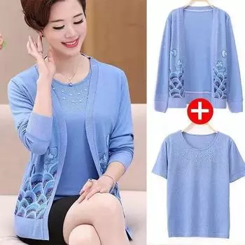 Женский вязаный кардиган из 2 предметов, весна/лето-осень + трикотажная футболка с коротким рукавом, комплект из двух предметов, большой размер, открытая спереди трикотажная куртка M синий