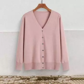 Женский вязаный кардиган, куртка на пуговицах с V-образным вырезом и длинным рукавом, повседневный свитер, однотонный кардиган с ребристой отделкой, верхняя одежда M светло-серый