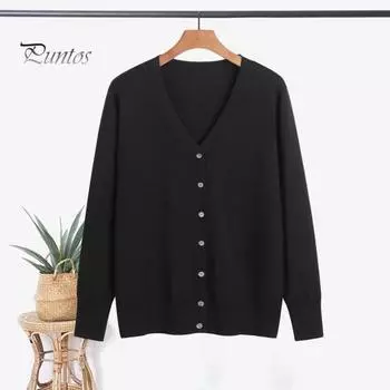 Женский вязаный кардиган, куртка на пуговицах с V-образным вырезом и длинным рукавом, повседневный свитер, однотонный кардиган с ребристой отделкой, верхняя одежда M чёрный