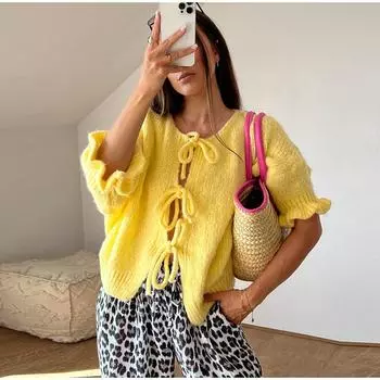 Милый женский вязаный кардиган на шнуровке, свободный расклешенный рукав, круглый вырез, повседневный свитер, мягкий, удобный трикотаж, новая мода, осень-весна M жёлтый