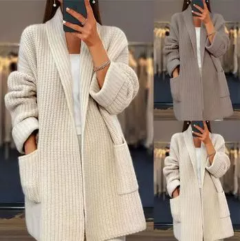 Женский вязаный кардиган, однотонный длинный свитер, пальто, утепленный зимний теплый M верблюд