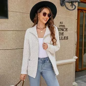 Женский вязаный кардиган осень-зима новый повседневный лацкан с застежкой-молнией европейский и американский свитер для женщин S