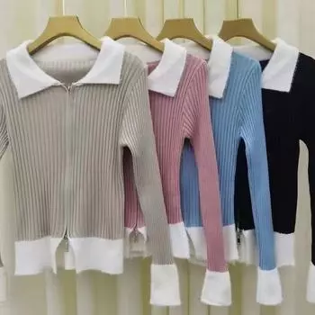 Женский вязаный кардиган осень/зима тонкий трикотажный жакет на молнии укороченный трикотажный топ верхняя одежда S чёрный