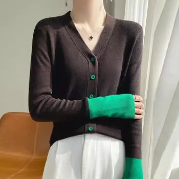 Женский вязаный кардиган с цветными блоками и рукавами, весенне-осенний тонкий тонкий свитер с завязками на шнурке, куртка-свитер M кофейный