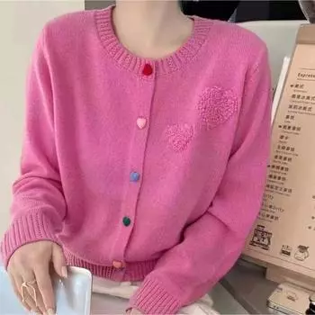 Женский вязаный кардиган с цветными пуговицами, однотонный, простой, с длинными рукавами, осенний, тонкий, универсальный топ One Size розовый