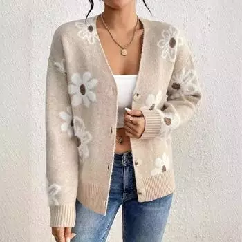 Женский вязаный кардиган с цветочным принтом из мягкой ткани, короткий свитер, пальто, теплая удобная свободная куртка с длинными рукавами и V-образным вырезом на осень S хаки