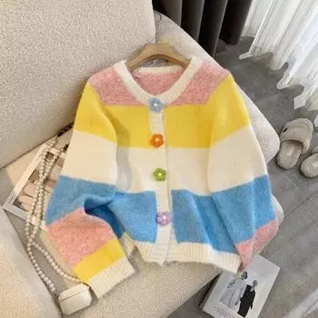 Женский вязаный кардиган с цветочными полосками и пуговицами, свободный женский свитер, осенний однобортный топ с длинными рукавами One Size розовый