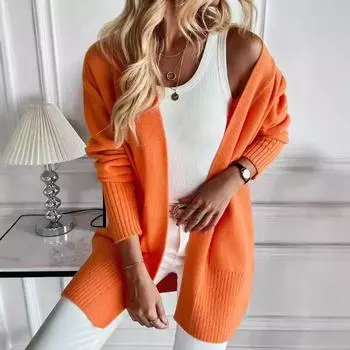 Женский вязаный кардиган с длинным рукавом и большим карманом на весну и осень S белый