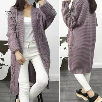 Женский вязаный кардиган с длинным рукавом, ребристым краем, открытым спереди, свитер, пальто с карманами, скрученная текстура, свитер средней длины, свободный крой вино красного