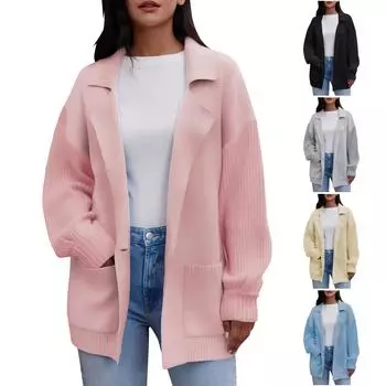 Женский вязаный кардиган с длинными рукавами и открытыми лацканами, пальто, верхняя одежда с карманами XL чёрный