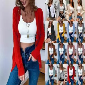 Женский вязаный кардиган с длинными рукавами на пуговицах 2024 года для осени и зимы L жёлтый