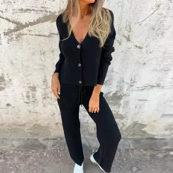 Женский вязаный кардиган с длинными рукавами, V-образным вырезом, завязанными длинными брюками и свитером L чёрный