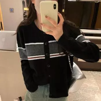 Женский вязаный кардиган с длинными рукавами в контрастных полосках в британском стиле на осень и зиму, новый универсальный ленивый свитер-куртка S