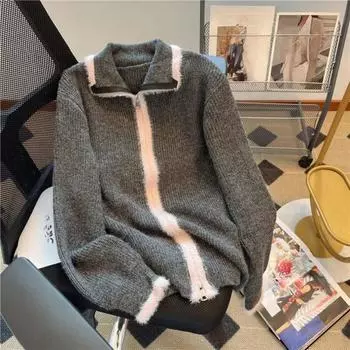 Женский вязаный кардиган с двойной молнией, осень-зима, винтажный женский дизайн, свитера, свободная повседневная короткая верхняя одежда S чёрный