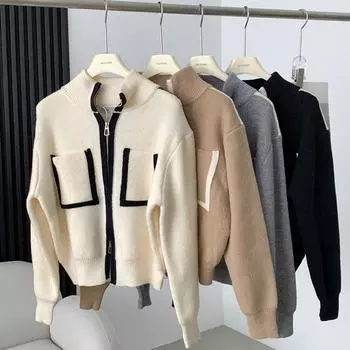 Женский вязаный кардиган с двойной застежкой-молнией, карманом, контрастным свободным трикотажным свитером, воротником-стойкой, кардиганом, курткой, трикотажным пальто, верхом S чёрный