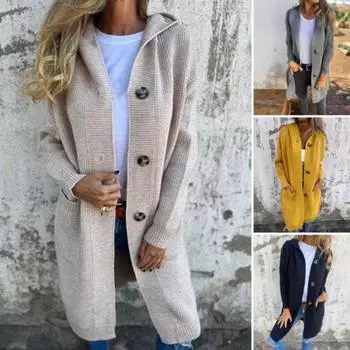 Женский вязаный кардиган с капюшоном, длинный рукав, однобортный свитер, пальто с карманами, однотонный трикотаж средней длины L чёрный