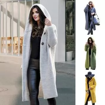 Женский вязаный кардиган с капюшоном, длинный рукав, однотонный, повседневный, свободный крой S белый