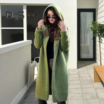 Женский вязаный кардиган с капюшоном, длинный рукав, однотонный повседневный топ, свободный крой, однобортный свитер, пальто S белый