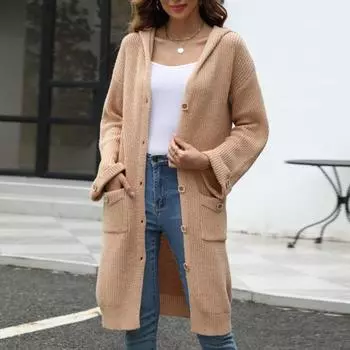 Женский вязаный кардиган с капюшоном, длинный рукав, однобортный свитер, пальто с карманами, однотонный свободный крой, трикотаж средней длины L синий