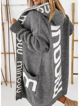 Женский вязаный кардиган с капюшоном, осень-зима 2023 года, свободный, средней длины, с персонализированной вышивкой букв, в европейском и американском стиле. L темно-коричневого