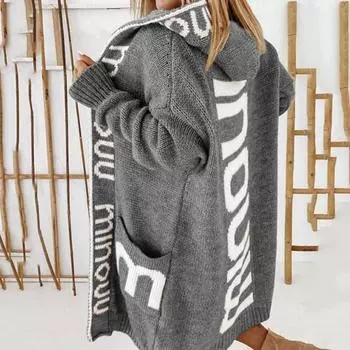 Женский вязаный кардиган с капюшоном в европейском и американском стиле 2023 года M серый