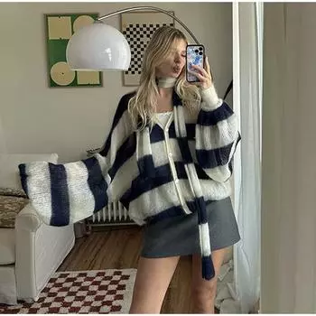 Женский вязаный кардиган с контрастными полосками и шарфом, повседневный свитер с V-образным вырезом и рукавами-фонариками, осенний женский трикотаж для поездок на работу синий