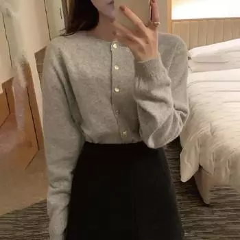 Женский вязаный кардиган с круглым вырезом, длинным рукавом, ребристой отделкой, свитер, пальто, однобортный, свободный крой, однотонная верхняя одежда, трикотаж светло-серый