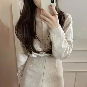 Женский вязаный кардиган с круглым вырезом, длинным рукавом, ребристой отделкой, свитер, пальто, однобортный, свободный крой, однотонный светло-серый