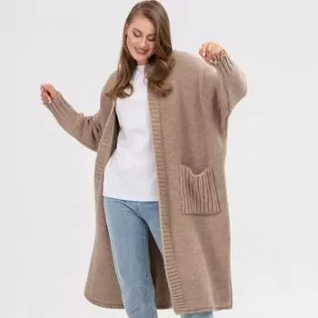 Женский вязаный кардиган с круглым вырезом и длинными рукавами, ребристый однотонный свитер, пальто с открытым передом, средней длины, с длинными рукавами, свободная верхняя одежда One Size хаки