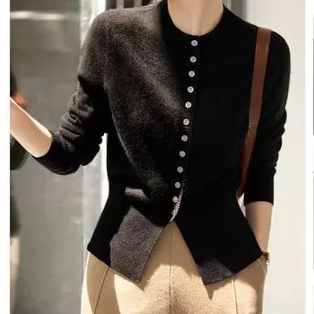 Женский вязаный кардиган с круглым вырезом на пуговицах, осень 2024 г.: Европейский и американский стиль One Size чёрный