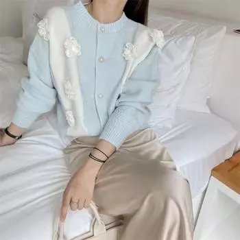 Женский вязаный кардиган с круглым вырезом, женский вязаный свитер с длинным рукавом, модный осенний джемпер большого размера, топы One Size светло-синий