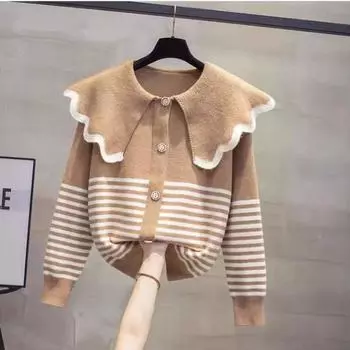 Женский вязаный кардиган с кукольным вырезом, весна-осень 2023, новая корейская версия, свободная верхняя одежда, топ, полосатый свитер, пальто-кардиган One Size зелёный