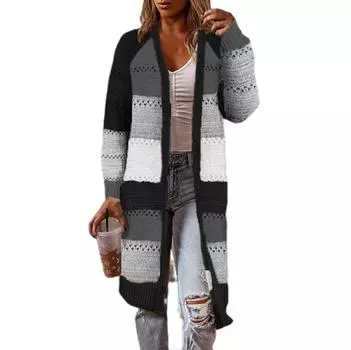 Женский вязаный кардиган с открытым передом и цветными полосками, вязаные крючком свитера с длинным рукавом, повседневная модная верхняя одежда L чёрный