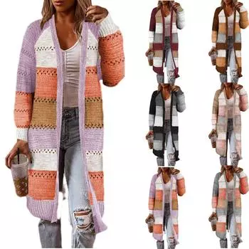 Женский вязаный кардиган с открытым передом и цветными полосками, вязаные крючком свитера с длинным рукавом, повседневная модная верхняя одежда L чёрный