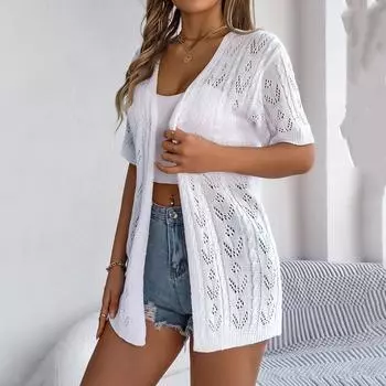 Женский вязаный кардиган с половиной рукавом и V-образным вырезом, однотонный женский уличный топ S белый