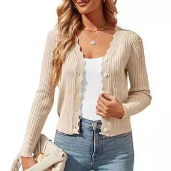 Женский вязаный кардиган с V-образным вырезом на пуговицах, с длинным рукавом, вязаная куртка, однотонные эластичные короткие вязаные топы для повседневной носки S абрикосовый