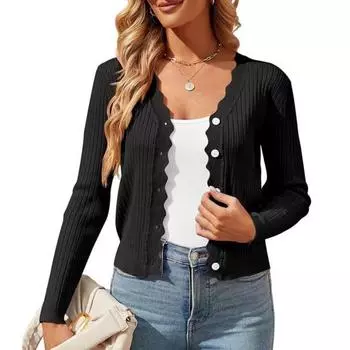 Женский вязаный кардиган с V-образным вырезом на пуговицах, с длинным рукавом, вязаная куртка, однотонные эластичные короткие вязаные топы для повседневной носки S чёрный