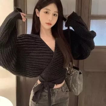 Женский вязаный кардиган с v-образным вырезом в стиле ретро в стиле ретро, однотонный свитер, пальто, топ S чёрный