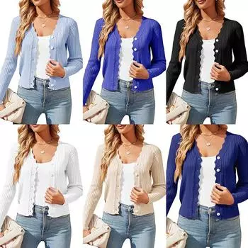 Женский вязаный кардиган с V-образным вырезом и длинными рукавами больших размеров с деревянными ушками S чёрный